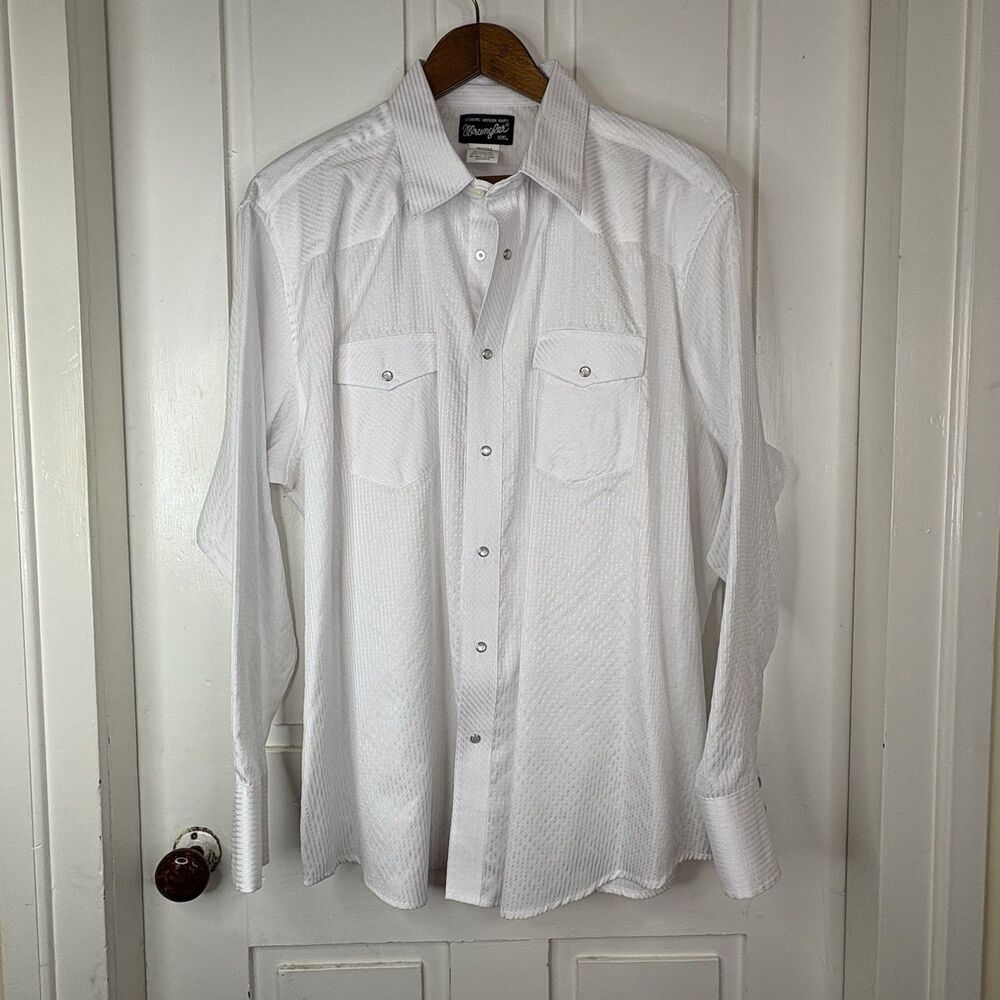 Wrangler Western Shirt XXL Mens White Dobby Stripe Pearl Snap Cowboy Long Sleeve